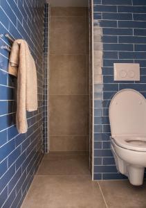a bathroom with a toilet and blue tiled walls at Beachhouse Wijk aan Zee! in Wijk aan Zee