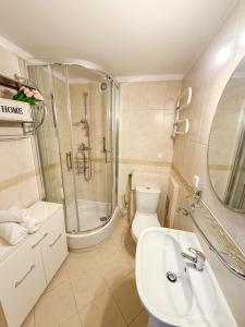 La salle de bains est pourvue d'une douche, de toilettes et d'un lavabo. dans l'établissement Apartament za Strugiem, à Zakopane
