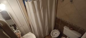 Un baño con una cortina de ducha blanca y un inodoro. en LAS HERMANAS, en Tandil