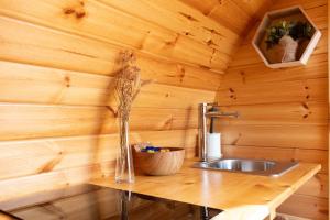 a kitchen with a sink in a wooden room at Nuit insolite : tonneau enchanté in Cormoyeux