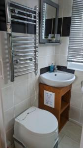 a bathroom with a toilet and a sink at Rosy's Retreat-Cosy Beach Escape in Bacton Norfolk in Bacton