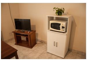 een magnetron bovenop een kast met een tv bij Hospedaje Los Macaes 2 in Comodoro Rivadavia