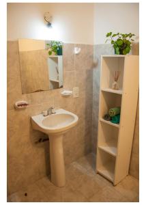 een badkamer met een wastafel en een spiegel bij Hospedaje Los Macaes 2 in Comodoro Rivadavia