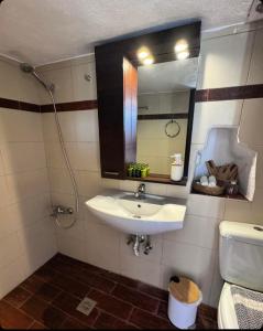 a bathroom with a sink and a mirror and a toilet at Lotzia House in Kástron +22 photos