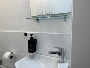 umywalkę w łazience z przeszkloną półką nad nią w obiekcie Ferienwohnung zwischen Lilienthal und dem Künstlerdorf Worpswede w mieście Lilienthal +9 zdjęć