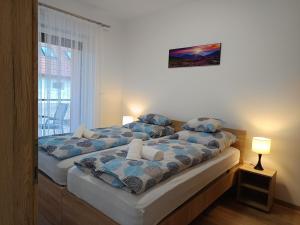 two twin beds in a room with a window at ORCHIDEA PREMIUM Apartment in Hévíz