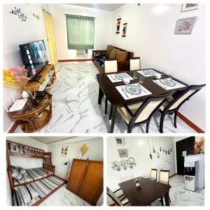 deux photos d'un salon et d'une salle à manger dans l'établissement HOMEY STAYCATION WITH PARKING near Diliman, Katipunan, Commonwealth, à Manille