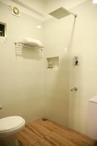 Un baño blanco con inodoro y ducha. en Ameliore Horizon Luxe, en Pīrmed