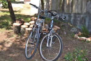 a bicycle parked next to a pile of logs at Apartment Hvar Bike in Stari Grad