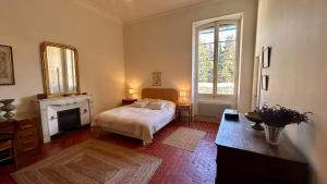 a bedroom with a bed and a fireplace at Typique Mas provençal, parc et piscine chauffée in Graveson +21 photos