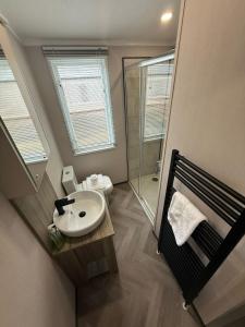 une petite salle de bain avec un lavabo et une douche dans l'établissement Grey Goose Lodge with hot tub at Brickyard Lakes, à Amotherby