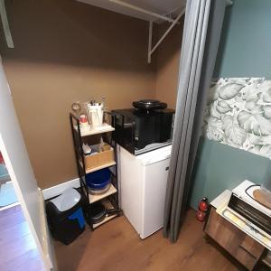 a room with a small refrigerator and a microwave at L'olivier TESSA Hôtesse suite 30m2 terrasse 20m2 in La Celle