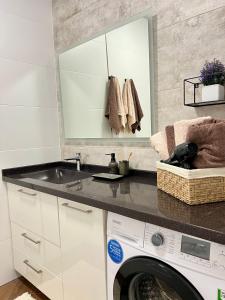 a kitchen with a sink and a washing machine at Подобова квартира Центр Озеро Пляж Білецька in Ternopilʼ