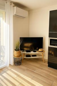 a living room with a large flat screen tv at "COSY" Appartement confort de 50m2 à 150m de la Mer et du Centre ville, parking gratuit in Canet-en-Roussillon +3 photos
