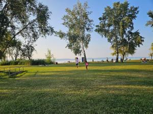 un uomo e una bambina in piedi in un parco di Green Apartman Balatonlelle a Balatonlelle