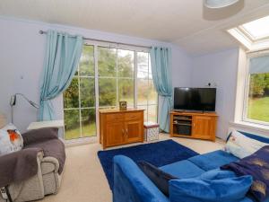 a living room with a blue couch and a tv at Nanny Jill's Cabin in Penrydd
