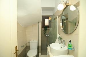 a bathroom with a toilet and a sink and a mirror at Artistic elegant home in Afitos +49 photos