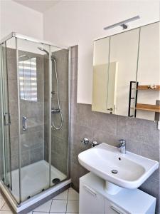 ein Badezimmer mit Dusche und Waschbecken in der Unterkunft Citywohnung Südliche Innenstadt II in Halle an der Saale