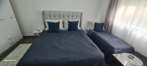 a bedroom with a large bed with blue sheets and pillows at Villa Buki in Lezhë +9 photos