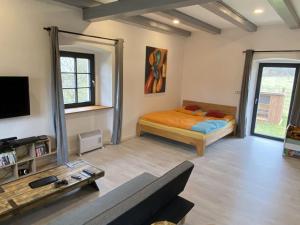 a bedroom with a bed and a tv and a couch at Homeland - family friendly house in Ledce