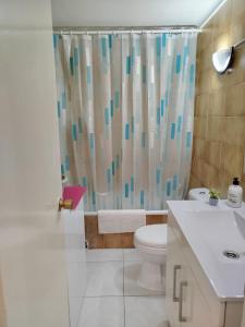 a bathroom with a shower curtain and a toilet at Bonito Apartamento en el centro de Roses in Roses +18 photos