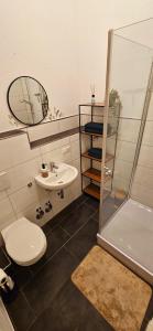 a bathroom with a toilet and a sink and a shower at FeWo Nordseebrise in Wilhelmshaven