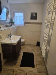 a bathroom with a sink and a toilet at Hakans Moselblick Ferienwohnung in Treis-Karden +25 photos