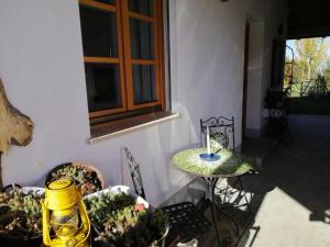 a patio with a table and chairs and a window at Ferienwohnung Jahnel in Waging am See