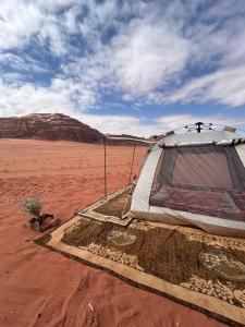 a tent in the middle of the desert at Wadi Rum Paris Cave in Wadi Rum