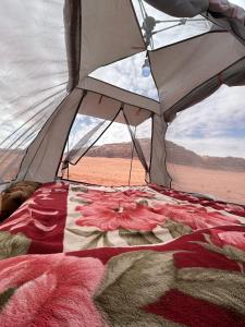 a tent with a view of the desert at Wadi Rum Paris Cave in Wadi Rum