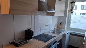 a small white kitchen with a sink and a window at Goldberg Apartments in Kassel