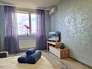a room with a bed and a tv and a window at Трендова квартира з комфортом готелю у топовому ЖК Києва in Kyiv