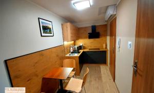 a small room with a table and a kitchen at AE Berg in Ujazd