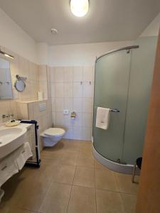 a bathroom with a shower and a toilet and a sink at Villa Katharina in Rust +74 photos
