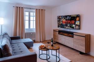 a living room with a couch and a tv at Marktplatz-Flair mit Dachterrasse im Zentrum in Freudenstadt
