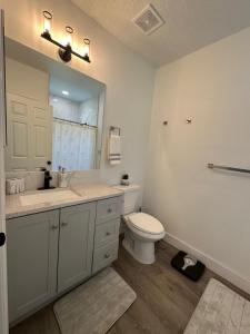 ein Badezimmer mit Toilette, Waschbecken und Spiegel in der Unterkunft Breeze Air in Citrus Springs + 8 Fotos