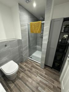 a bathroom with a toilet and a shower at Stylish Leeds City Apartment in Headingley