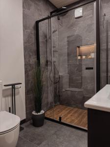 a shower with a glass door in a bathroom at Bonanza Terra in Rukliai +22 photos