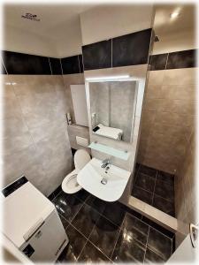 a bathroom with a toilet and a sink and a mirror at Apartman Naty in Banská Bystrica
