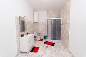 a bathroom with a shower and a sink and a toilet at Hotel Emir in Strehaia