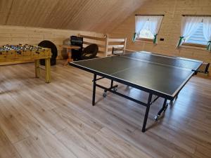a ping pong table in the middle of a room with a ping pong at Domki po balu in Rycerka Dolna