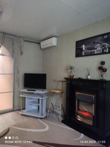 a living room with a tv and a fireplace at Посуточно! Уютная, 1 квартира Олимпийская, новые дома. in Kharkiv