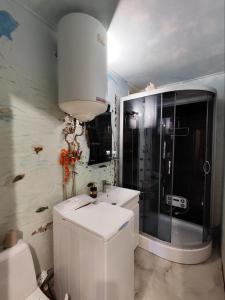 a bathroom with a shower and a toilet and a sink at Посуточно! Уютная, 1 квартира Олимпийская, новые дома. in Kharkiv