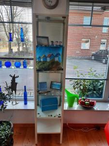 a shelf with blue vases in a room at Glückstreffer in Meppen