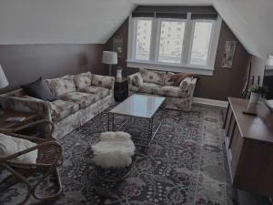 匹兹堡The Peak Mt Washington - Large 2bd Apt w A View的带沙发和桌子的客厅