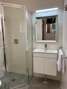 a bathroom with a shower and a sink and a mirror at Bridge Motel Wellington in Wellington