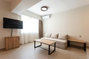 a living room with a couch and a tv at Nexus Apartments in Thessaloniki