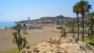 a beach with palm trees and a soccer ball at Apartamento Marion in Cala del Moral