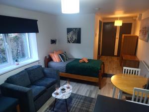a living room with a couch and a bed and a table at Cosy Garden Flat near Bay & City Centre - Fast Wifi, 5 mins to centre in Cardiff