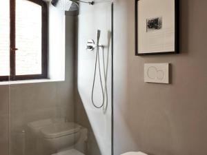 baño con ducha, aseo y ventana en Heritage Holiday Home in Gabiano with Swimming Pool, en Gabiano